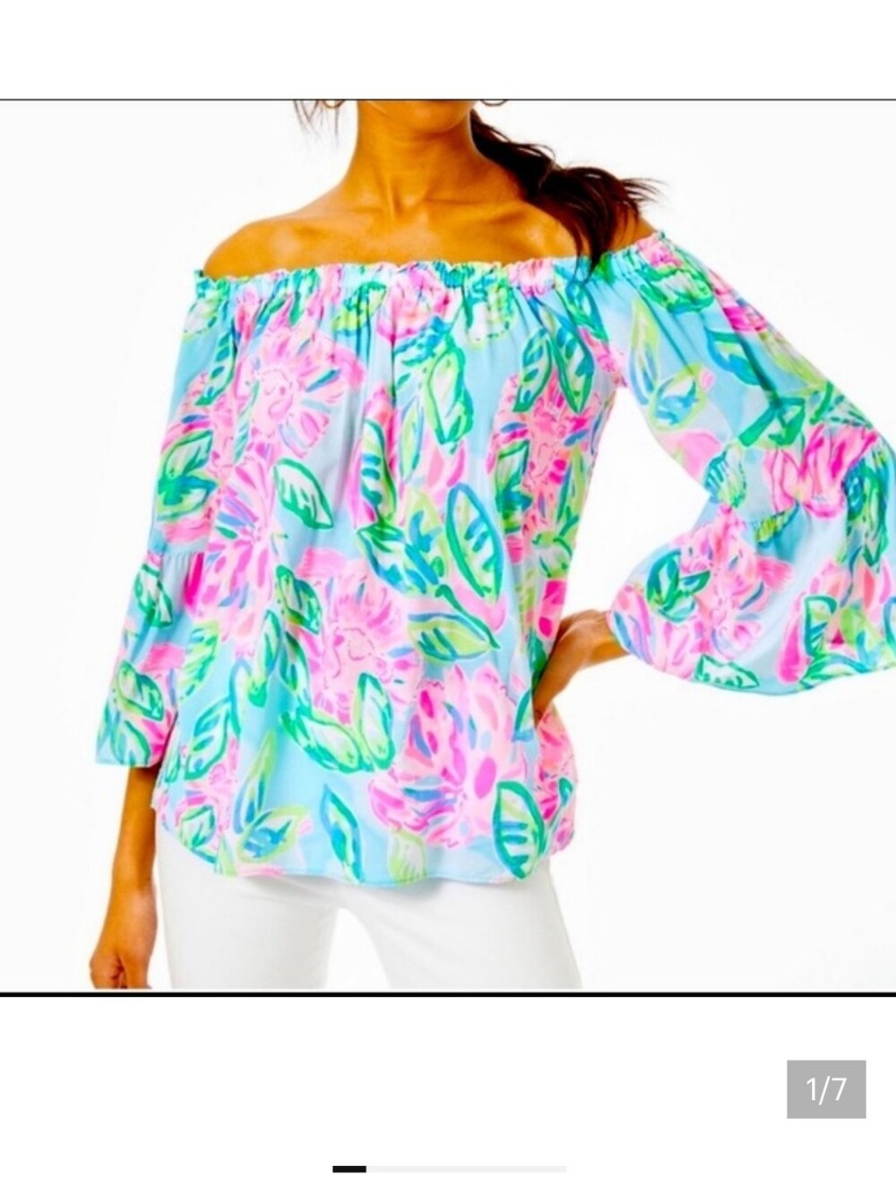 Lilly Pulitzer Shirt Blouse Nevie Off the Shoulder Totally Blossom Pink Small